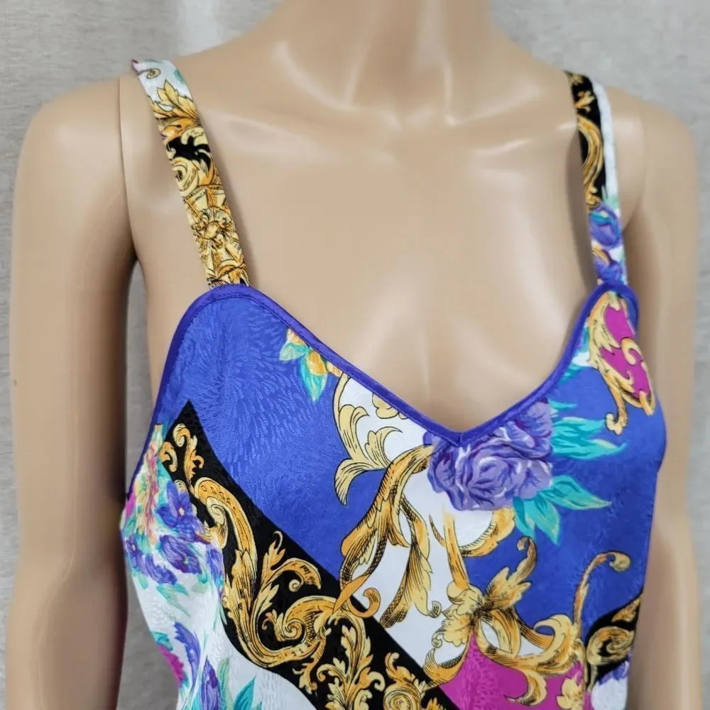 Vintage Satin Floral and Baroque Print Chemsie Slip Dress and Matching Robe Set